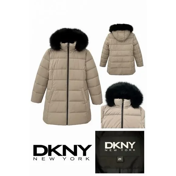 DKNY New York Women’s 2X Taupe Puffer Coat Faux Fur Hood Zip Front 2G 2TG - Picture 1 of 12